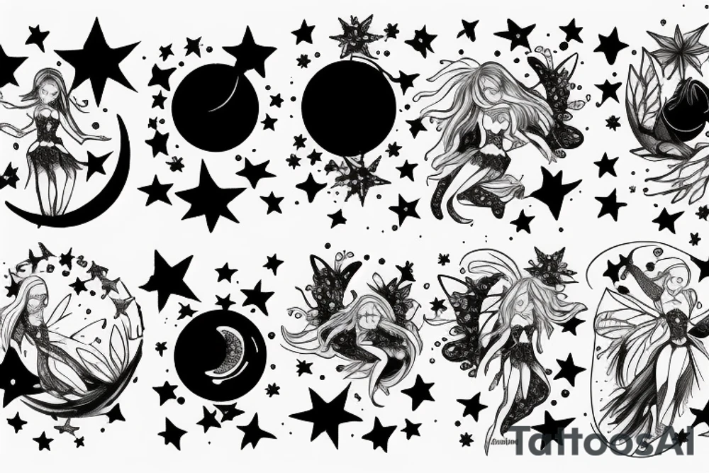 fairy surrounded by moon and stars tattoo idea