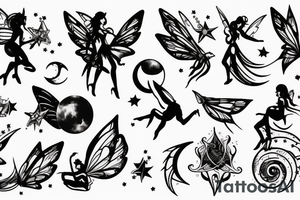 fairy surrounded by moon and stars tattoo idea