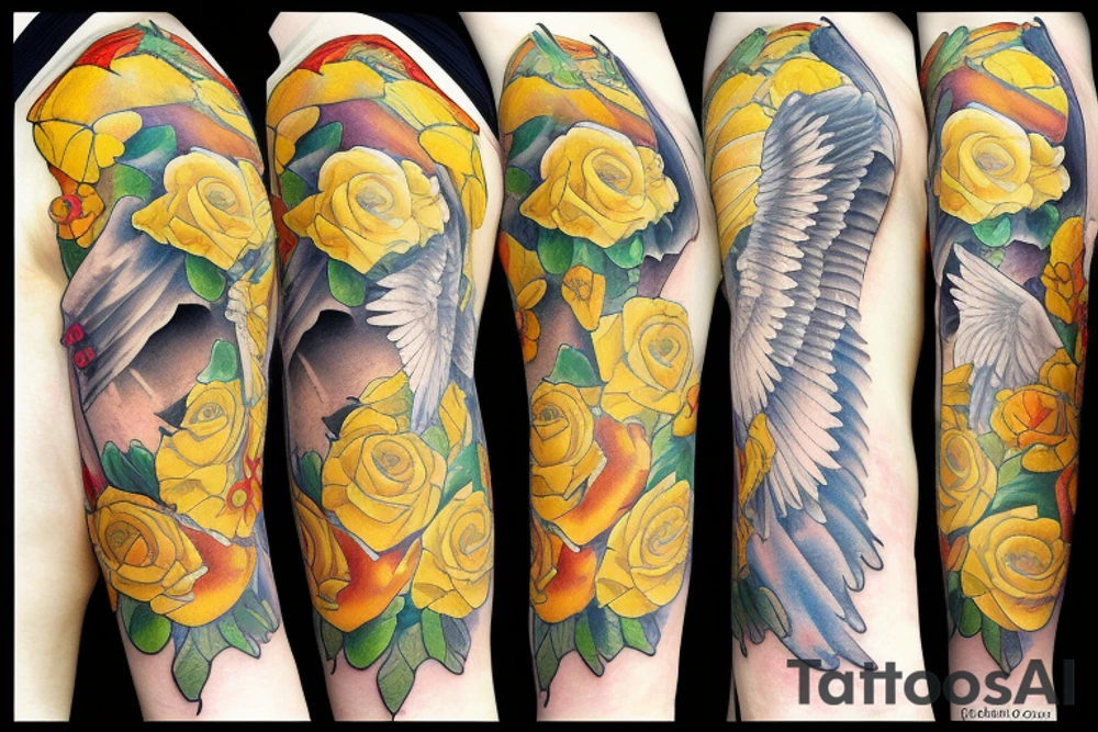 Guardian angel with yellow roses tattoo idea
