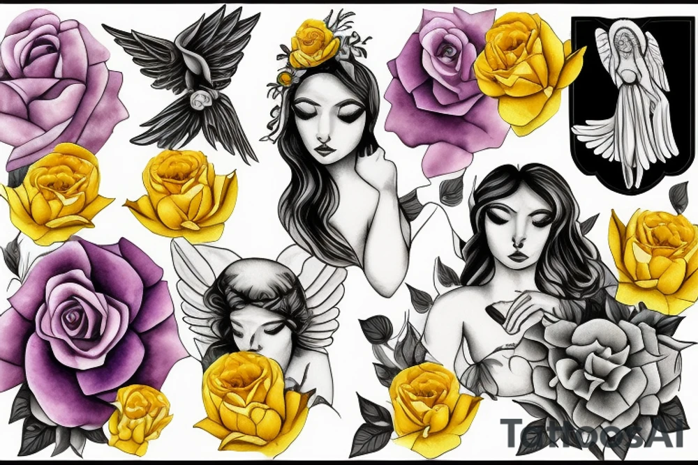 Guardian angel with yellow roses tattoo idea