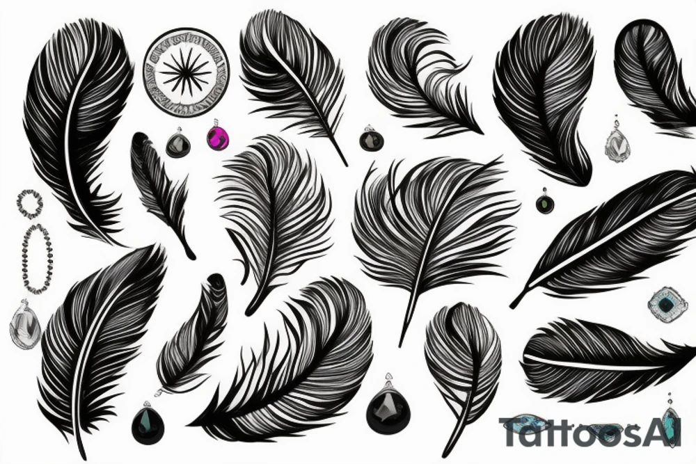feathers tied with leather and gemstones tattoo idea
