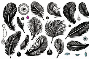 feathers tied with leather and gemstones tattoo idea