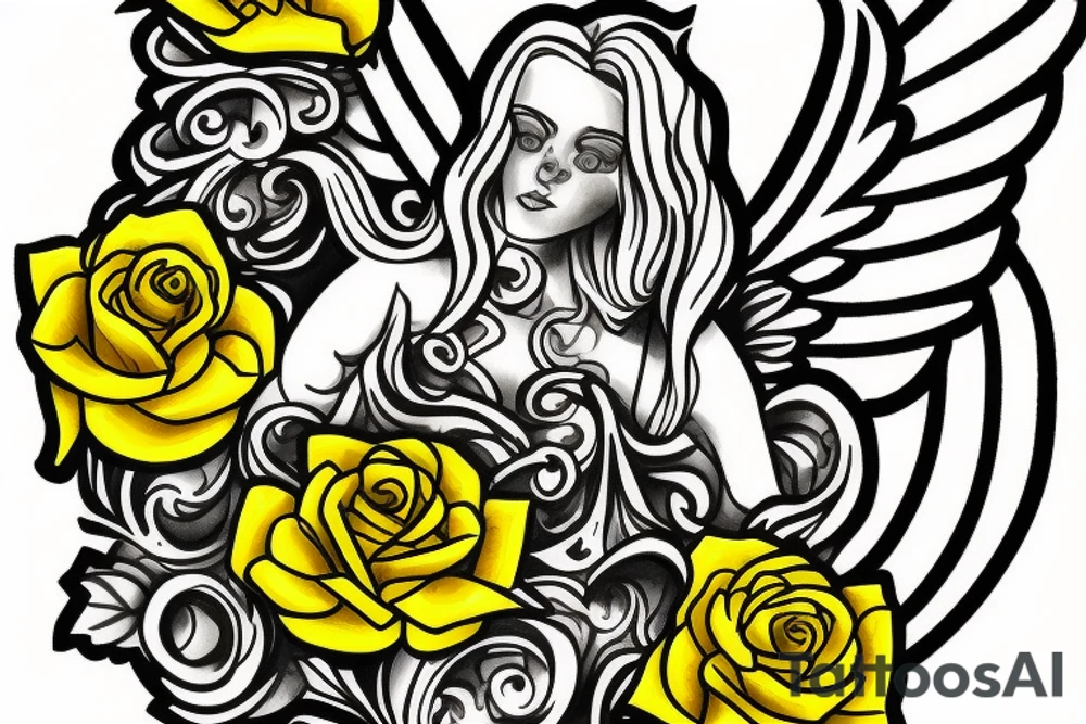 Guardian angel with yellow roses initial JAG tattoo idea