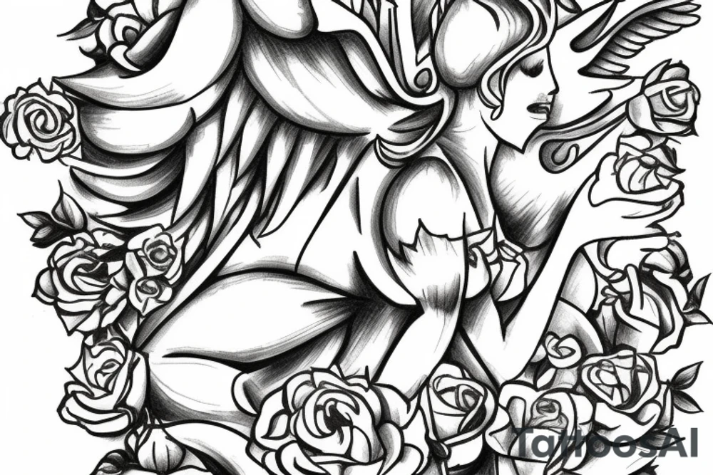 Guardian angel with yellow roses initial JAG tattoo idea