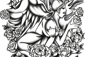 Guardian angel with yellow roses initial JAG tattoo idea