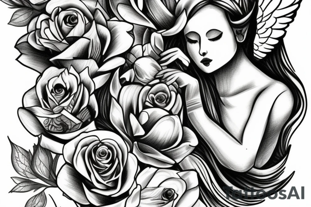 Guardian angel with yellow roses tattoo idea