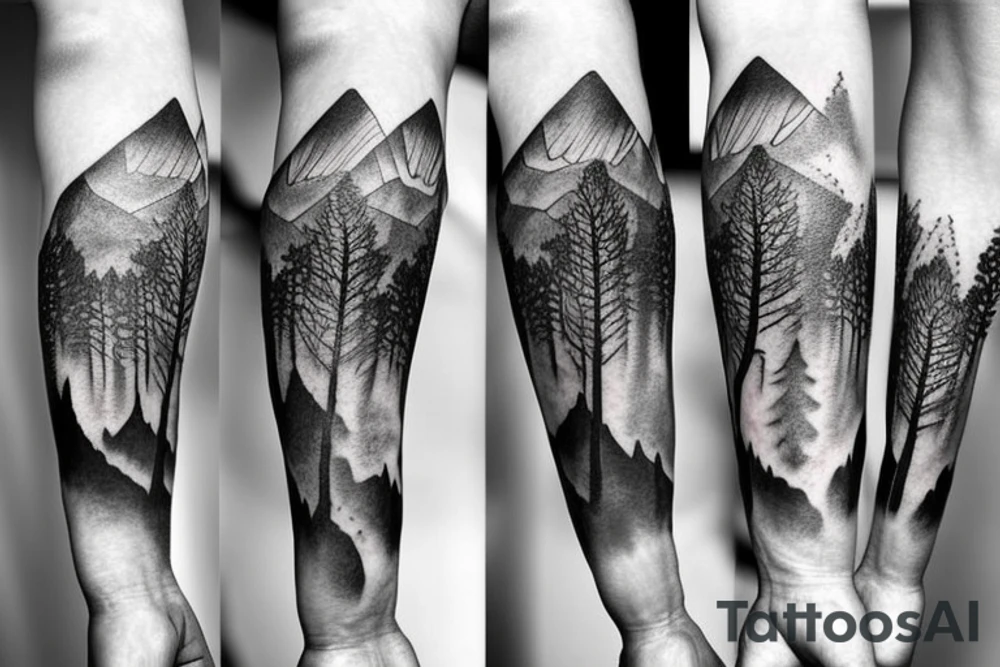 mountain sleeve tattoo with tree tattoo idea