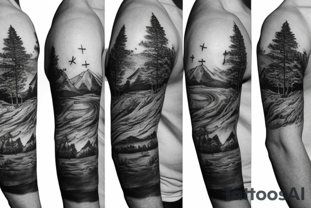 mountain sleeve with tree and river tattoo idea