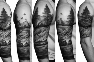 mountain sleeve with tree and river tattoo idea