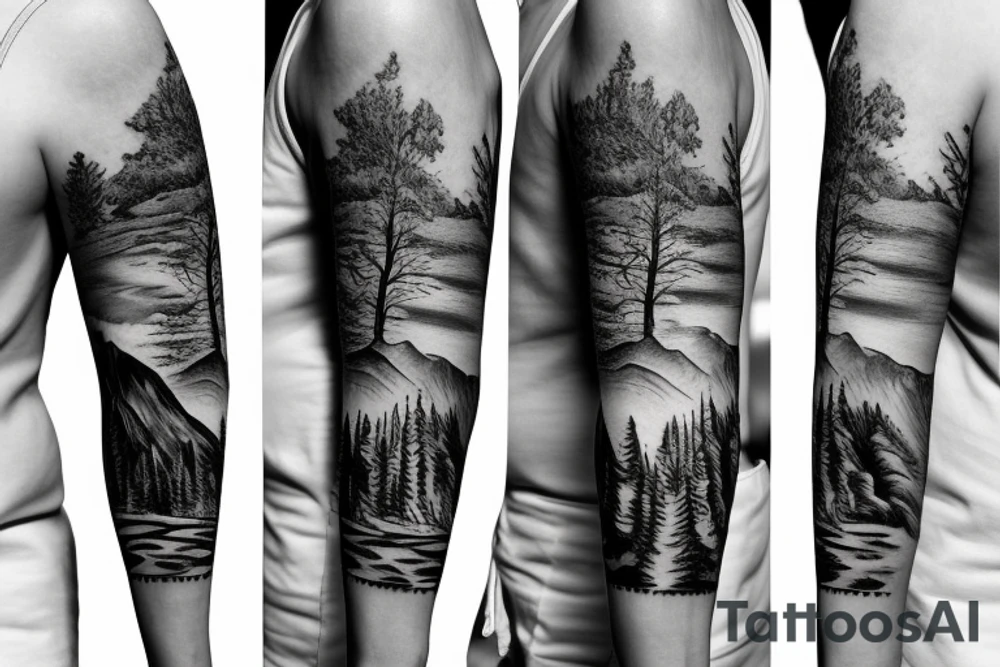 mountain sleeve with tree and river tattoo idea