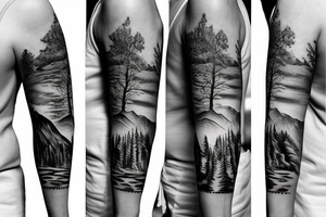 mountain sleeve with tree and river tattoo idea