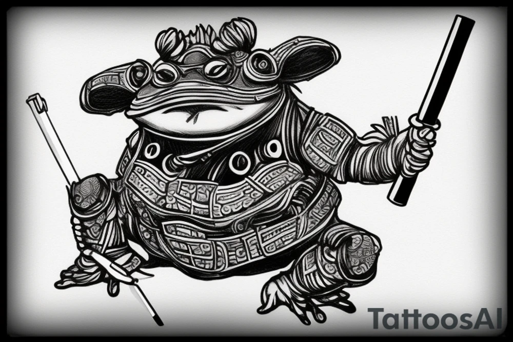 Samurai frog in armor squats and smokes a cigarette tattoo idea