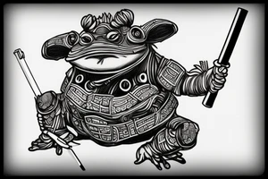 Samurai frog in armor squats and smokes a cigarette tattoo idea