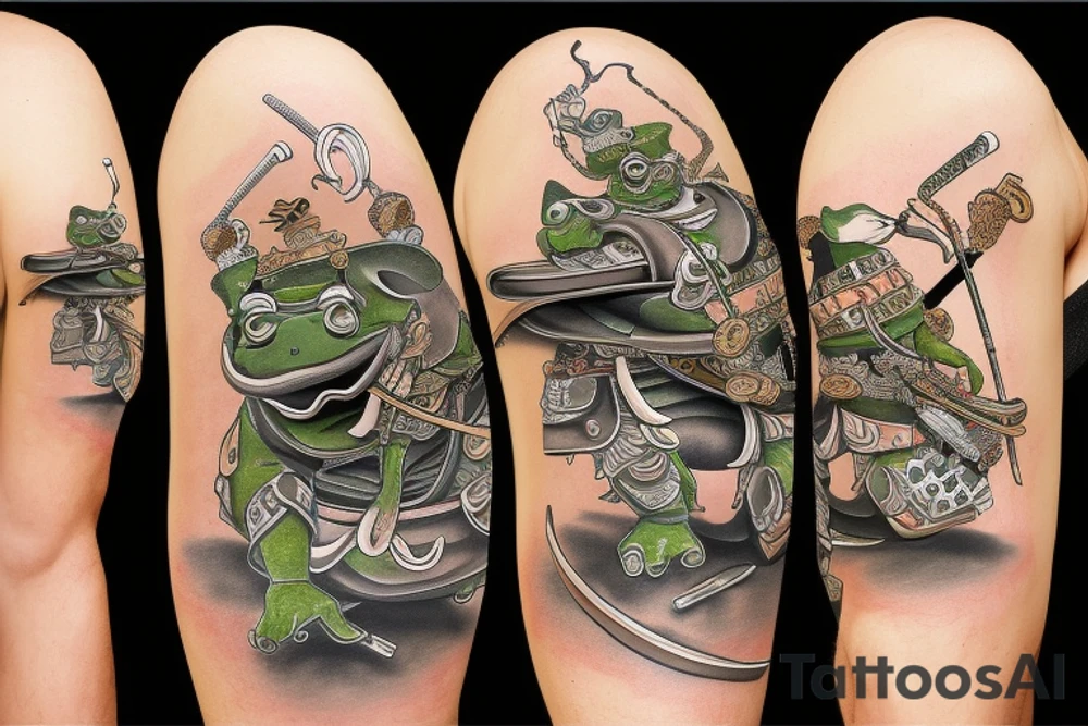 Samurai frog in armor squats and smokes a cigarette tattoo idea
