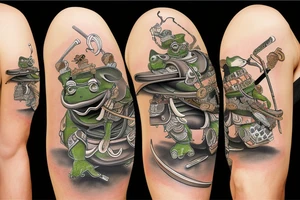 Samurai frog in armor squats and smokes a cigarette tattoo idea