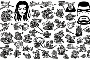 Samurai frog in armor squats and smokes a cigarette tattoo idea