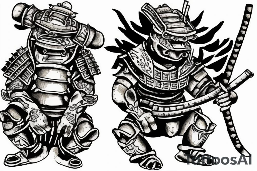 Samurai frog in armor squats and smokes a cigarette tattoo idea
