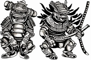 Samurai frog in armor squats and smokes a cigarette tattoo idea