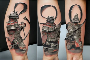 Samurai frog in armor squats and smokes a cigarette tattoo idea