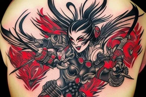 Should be bee as warrior in black and red colours , maybe with some blood tattoo idea