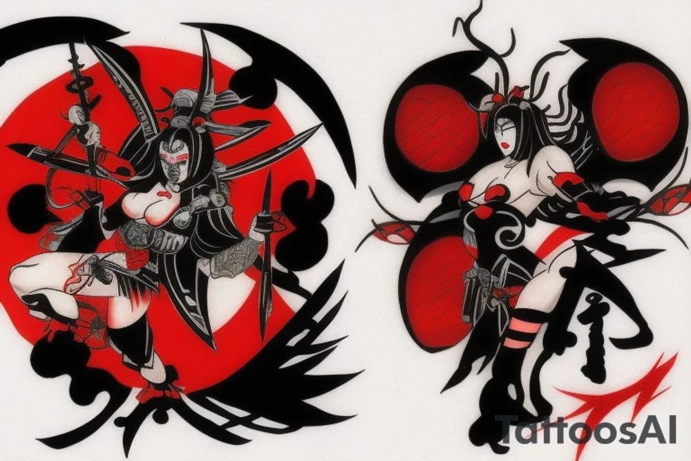 Should be bee as warrior in black and red colours , maybe with some blood in Japanese style tattoo idea