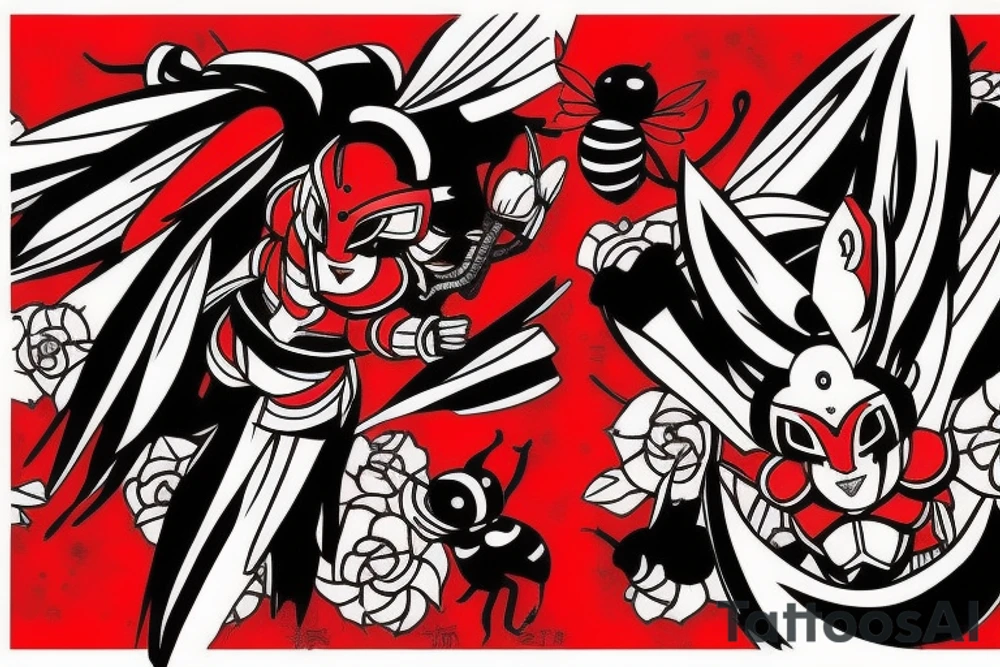 Should be bee as warrior in black and red colours , maybe with some blood in Japanese style tattoo idea