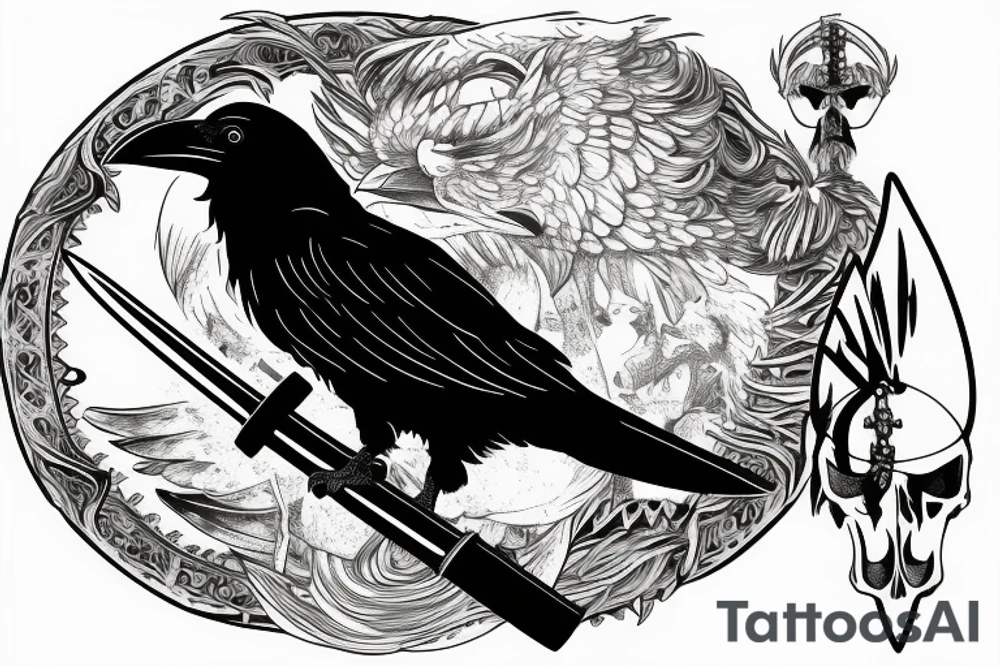 a raven sitting on a skull with a viking sword a sheild tattoo idea