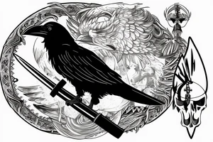 a raven sitting on a skull with a viking sword a sheild tattoo idea