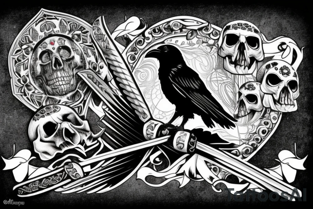 a raven sitting on a skull with a viking sword a sheild tattoo idea