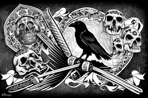 a raven sitting on a skull with a viking sword a sheild tattoo idea