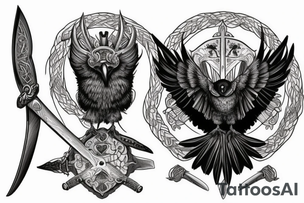 a raven sitting on a skull with a viking sword a sheild tattoo idea a raven sitting on a skull with a viking sword a sheild tattoo idea
