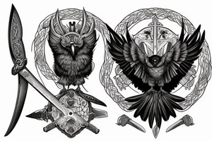 a raven sitting on a skull with a viking sword a sheild tattoo idea