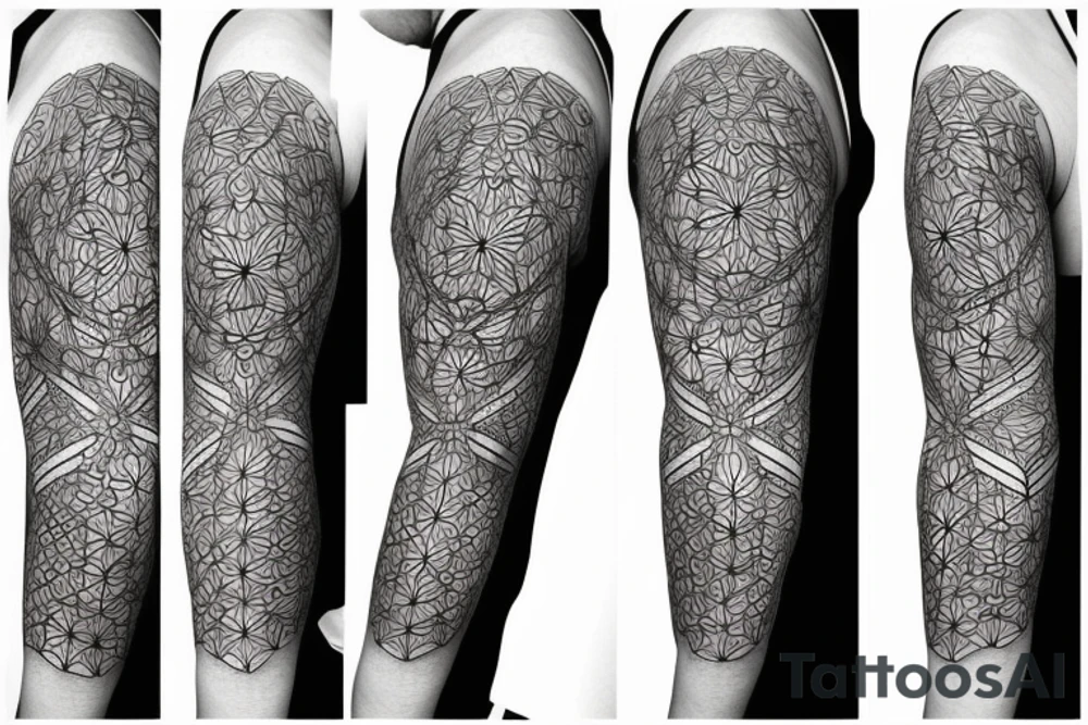 Mandela half sleeve, dotwork, flower of life and other geometric shapes as filler tattoo idea