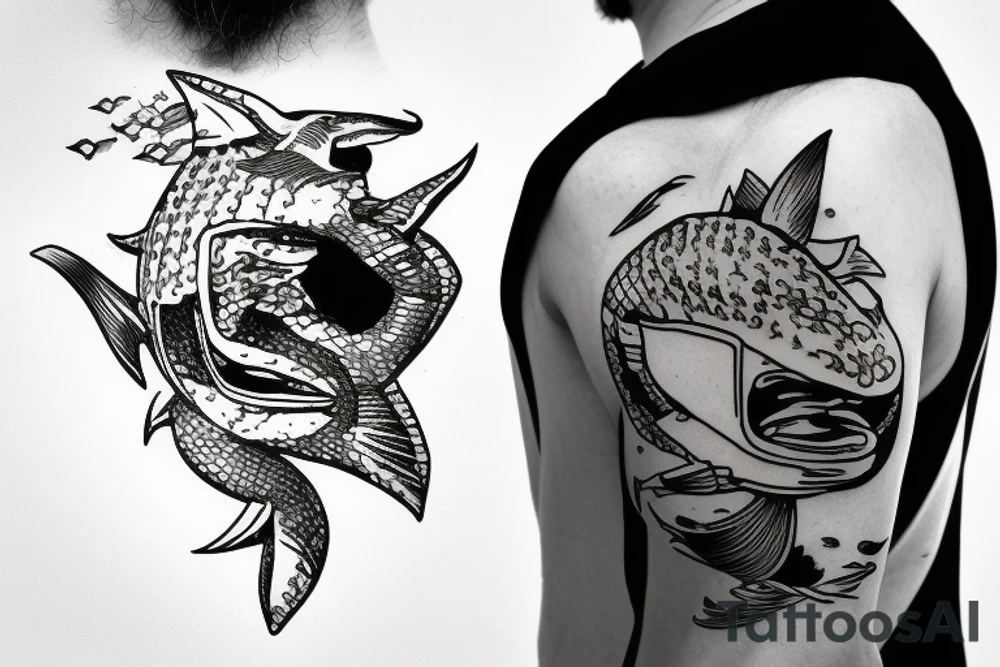 Scuba diving mask. Fish and shark in scuba mask reflection. tattoo idea