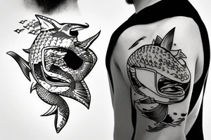 Scuba diving mask. Fish and shark in scuba mask reflection. tattoo idea