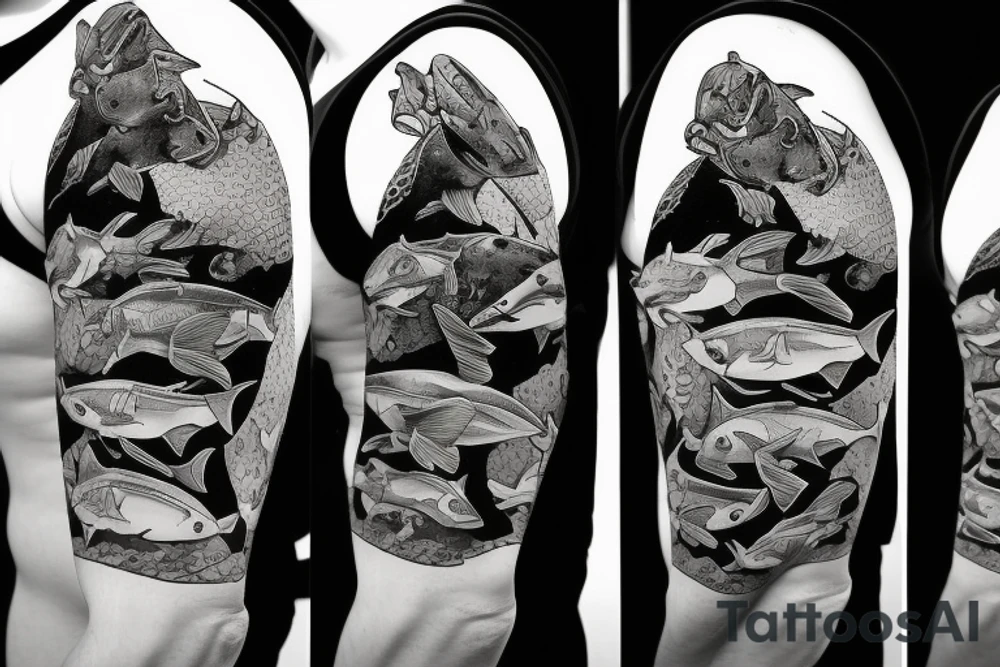 Scuba diving mask. Fish and shark in scuba mask reflection. tattoo idea