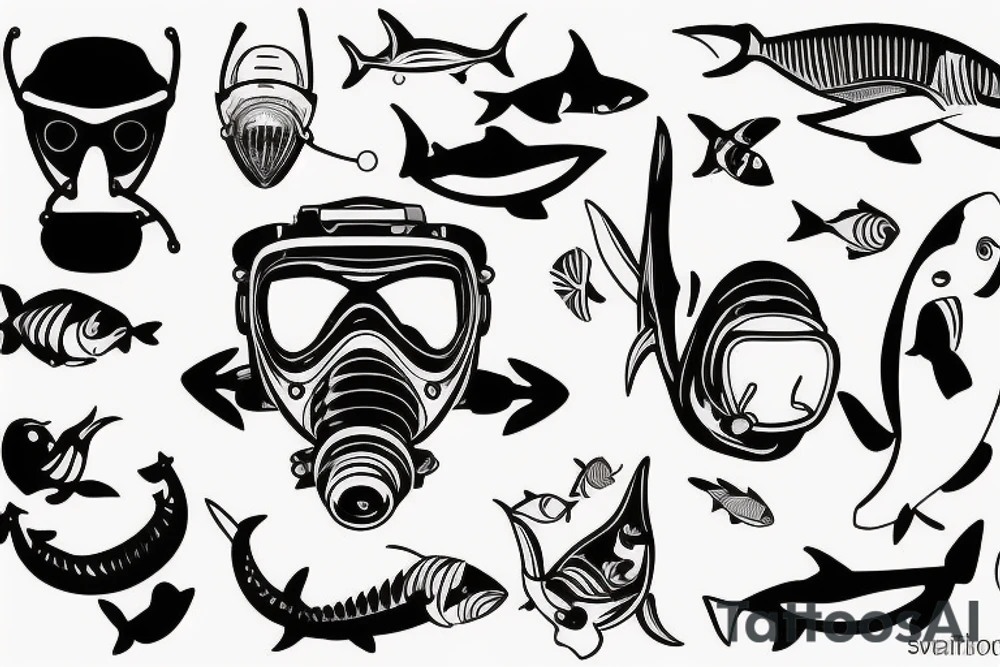 Scuba diving mask. Fishes and sharks in mask tattoo idea