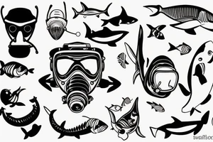 Scuba diving mask. Fishes and sharks in mask tattoo idea