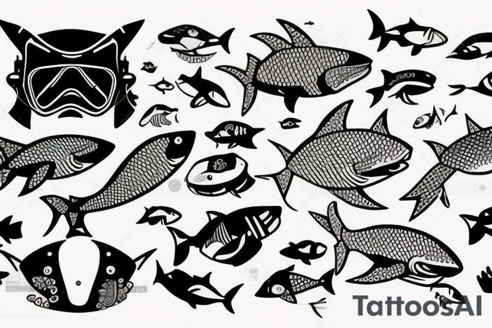Scuba diving mask. Fishes and sharks in mask tattoo idea