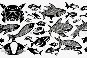 Scuba diving mask. Fishes and sharks in mask tattoo idea
