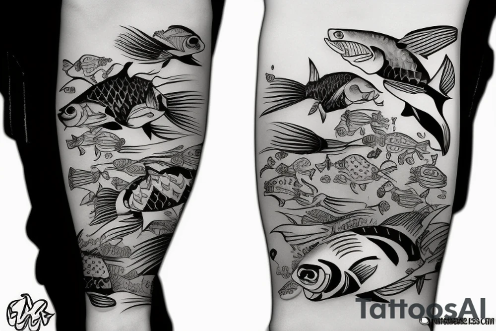 Line with mask and fish and shark along the line tattoo idea