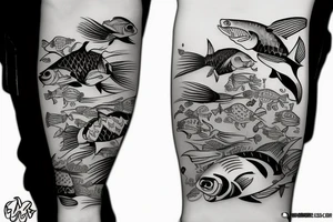Line with mask and fish and shark along the line tattoo idea