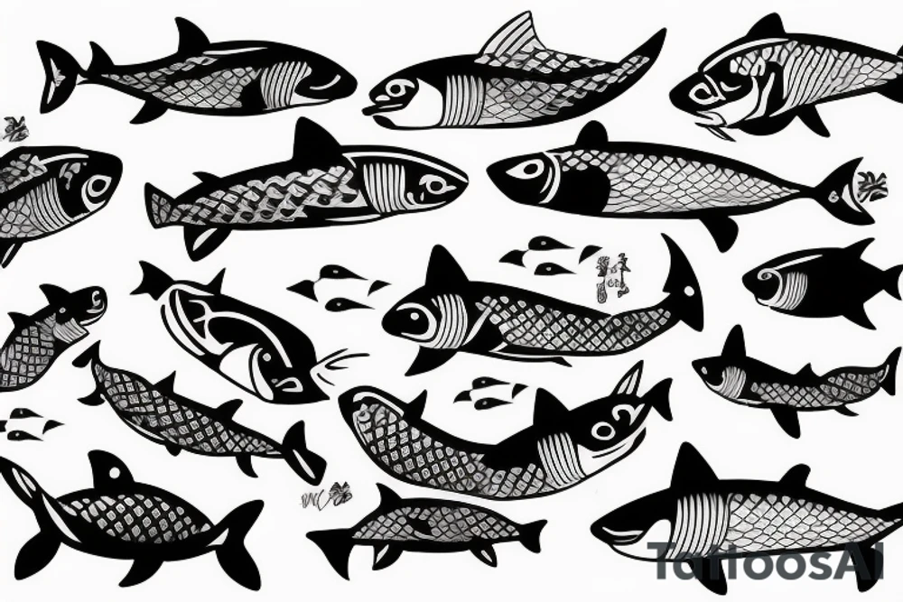Line with mask and fish and shark along the line tattoo idea