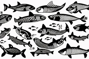 Line with mask and fish and shark along the line tattoo idea