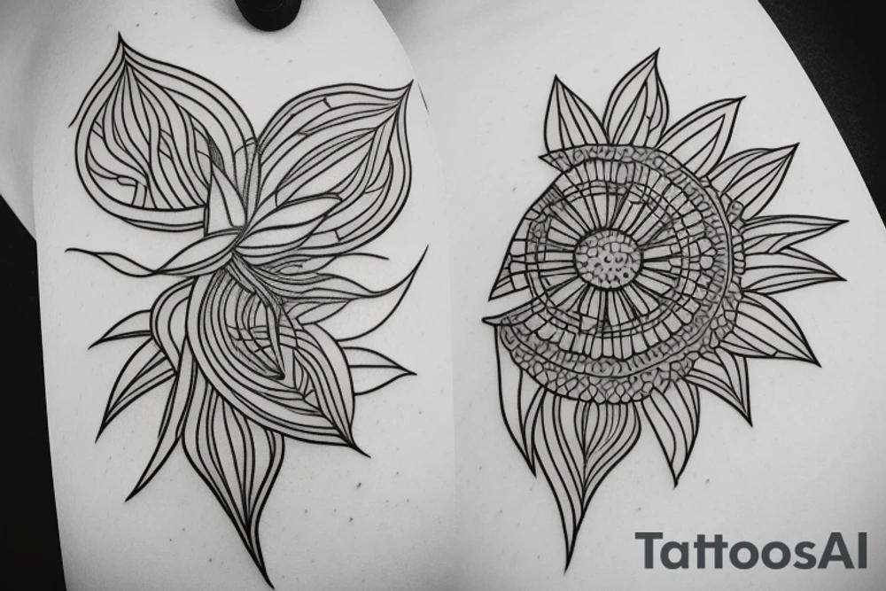 geometric lines down spine flower tattoo idea