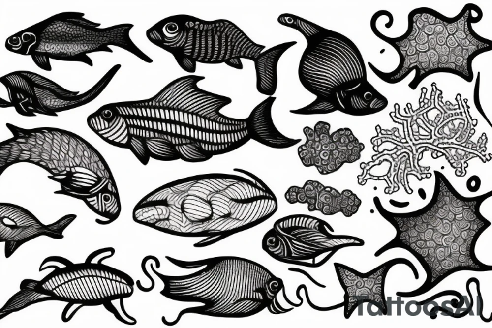 One line sea animal and coral tattoo idea