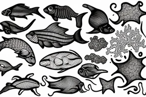 One line sea animal and coral tattoo idea
