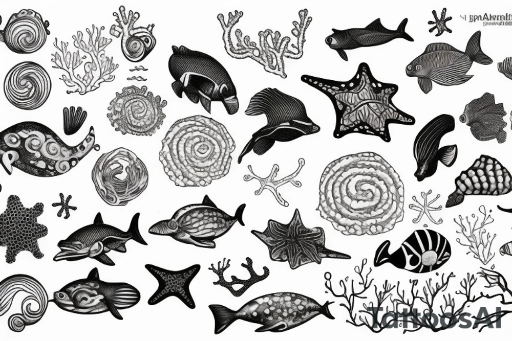 One line sea animal and coral tattoo idea