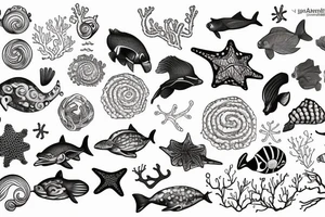 One line sea animal and coral tattoo idea