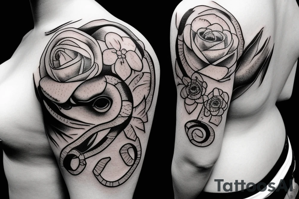 Snake with 3 flower tattoo idea